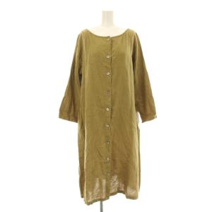 シャツワンピース フレア ミモレ ロング 長袖 麻 リネン カーキ 01134-1076 /KU