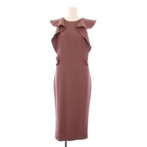 タイトワンピース ミモレ ロング ノースリーブ フリル ストレッチ ウール シルク 無地 40 ピンクグレー