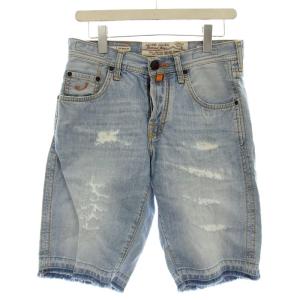 デニム ハーフパンツ PW633 ダメージ加工 ショートパンツ ボタンフライ 31 青 ブルー /G