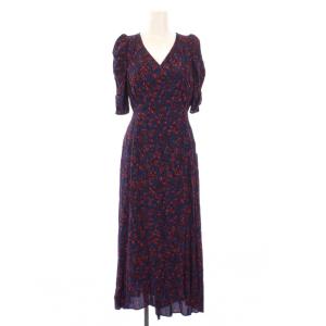 ヴィスコースフラワーカシュクールワンピース フレア マキシ ロング 半袖 Vネック 花柄 0 紺 ネイビー