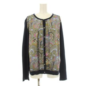 ニットカーディガン 長袖 クルーネック シフォン 切替 ペイズリー柄 紺 ネイビー マルチカラー /KU