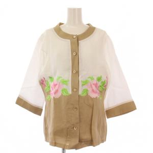 アンサンブル シャツ ブラウス 七分袖 ノースリーブ 麻 リネン 花柄 刺繍 IV ベージュ 白 ホワイト
