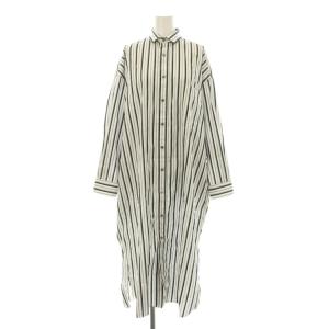 スクエア ビッグ シャツワンピース ロング マキシ 長袖 ストライプ柄 F 白 ホワイト 黒 ブラック