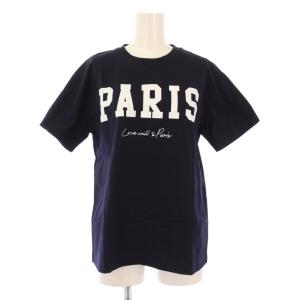 Tシャツ カットソー 半袖 クルーネック ストレッチ ロゴ プリント F 紺 ネイビー /BB