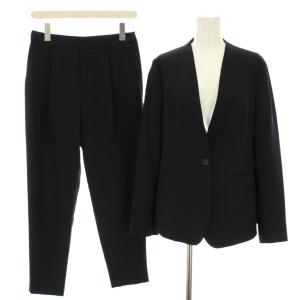 スーツ ノーカラージャケット シングル 1B スラックス テーパードパンツ タック 36 38 紺 ネイビー
