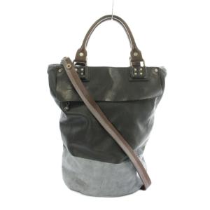 ショルダーバッグ トートバッグ レザー バイカラー ロゴ刺繍 黒 ブラック ブルーグレー /KU