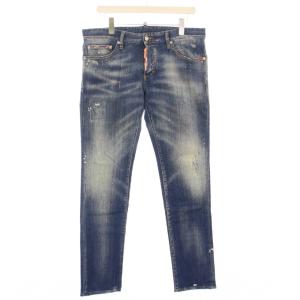 デニムパンツ ジーンズ ボタンフライ ストレッチ ペンキ加工 ダメージ加工 ロゴ 50 紺 ネイビー /BB