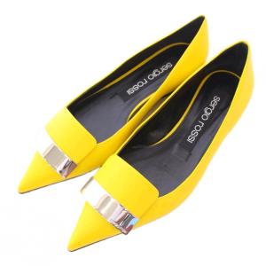 SR1 フラットパンプス ポインテッドトゥ ローヒール レザー ロゴプレート 37 黄色 イエロー A78960