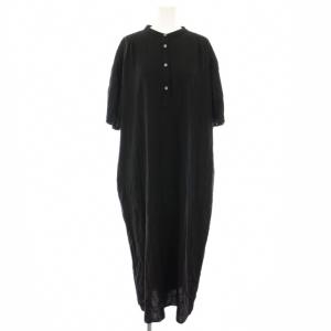 24SS タックスリーブギャザーワンピース ロング バンドカラー 半袖 麻 リネン混 F 黒 ブラック
