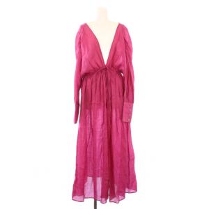 2ピースリネンレイヤードワンピース マキシ ロング 長袖 Vネック 無地 F ピンク 1221330090-0