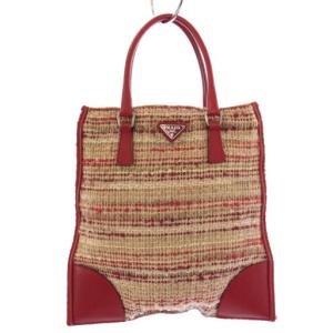 ハンドバッグ 三角ロゴ ニット レザー 切替 赤 /TK OH