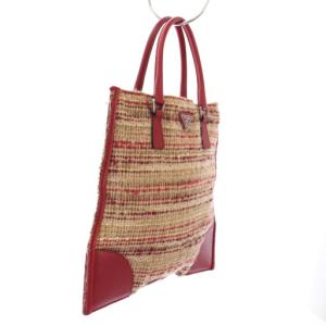 PRADA ハンドバッグ 三角ロゴ ニット レザー 切替 赤 /TK OH