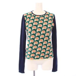 ニット セーター 長袖 総柄 ウール XS 紺 オレンジ /TK