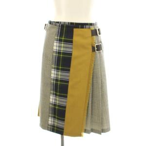 ラップスカート 巻きスカート プリーツ フレア ひざ丈 チェック柄 切替 ベルト ウール I40 黄 イエロー