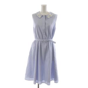 コットンネックビジューワンピース ノースリーブ ひざ丈 38 水色 ライトブルー S927-016 /RR