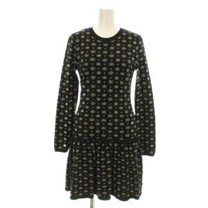 ニットワンピース フレア ミニ 長袖 クルーネック 総柄 ラメ糸 S 黒 ブラック ゴールドカラー 0000006834