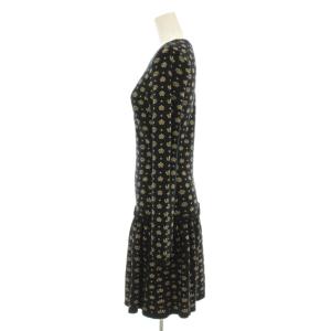RED VALENTINO REDVALENTINO ニットワンピース フレア ミニ 長袖 クルーネック 総柄 ラメ糸 S 黒 ブラック ゴールドカラー 0000006834
