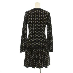 RED VALENTINO REDVALENTINO ニットワンピース フレア ミニ 長袖 クルーネック 総柄 ラメ糸 S 黒 ブラック ゴールドカラー 0000006834