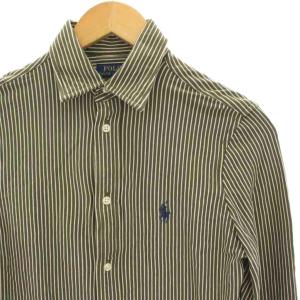 POLO RALPH LAUREN KNIT DRESS SHIRT シャツ ブラウス 長袖 ストライプ スモールポニー S カーキ 白 ホワイト