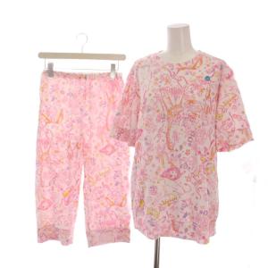 SLEEP ルームウェア パジャマ セットアップ 上下 半袖 カットソー パンツ 総柄 M ピンク UDP-379