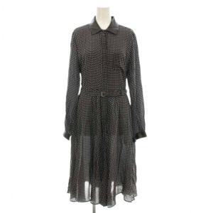 シャツワンピース フレア ミモレ ロング 長袖 ハーフボタン 総柄 シルク 42 ベルト付き 紺 ネイビー