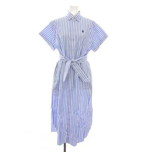 シャツワンピース ロング ストライプ 半袖 XS 水色 白 /YM