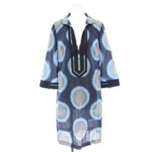 ワンピース ひざ丈 ひまわり柄 総柄 オープンカラー 七分袖 4 紺 ネイビー 水色 ライトブルー 12091445