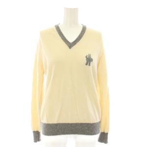 ニット セーター Vネック 長袖 ロゴ刺繍 S アイボリー グレー /YT
