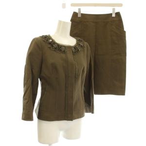 リネン混 スーツ セットアップ ジャケット スカート ビジュー 38 カーキ KCB04-024-53