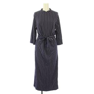 ワンピース マキシ ロング 長袖 スタンドカラー ストレッチ ベルト ストライプ柄 2 紺 ネイビー /BB