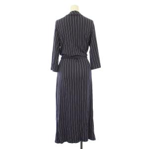 agnes b. ワンピース マキシ ロング 長袖 スタンドカラー ストレッチ ベルト ストライプ柄 2 紺 ネイビー /BB