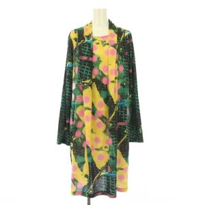 アートモチーフ立体タックチュニック ワンピース ひざ丈 長袖 クルーネック ストレッチ 総柄 38 マルチカラー
