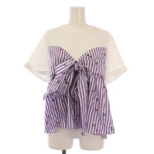 Front Ribbon フロントリボンTシャツ カットソー 半袖 クルーネック 切替 ストレッチ 2