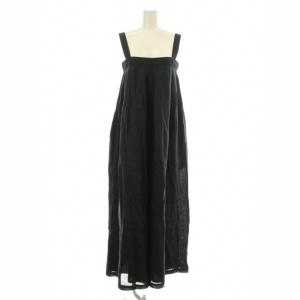 リネンワイドサロペット オールインワン ワイドパンツ タック 麻 36 黒 ブラック 11910329