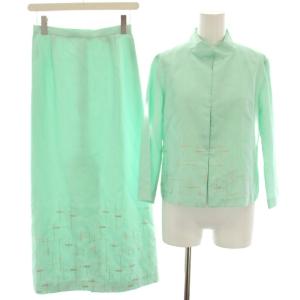 セットアップ 上下 シャツ ブラウス 七分袖 タイトスカート ロング ミモレ 刺繍 40 ミントグリーン