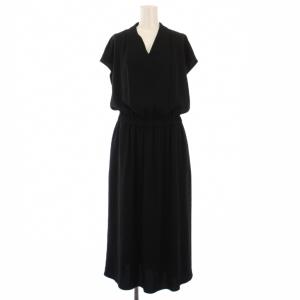 フレアワンピース ミモレ ロング 半袖 フレンチスリーブ Vネック 無地 ストレッチ 38 黒 ブラック