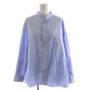 ノーカラースクエアビッグシャツ ブラウス 長袖 タック コットン F 青 ブルー 0211401103