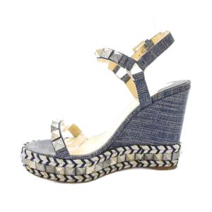 Christian Louboutin ピラクロウ ウェッジソール サンダル デニム調 ストラップ スタッズ 36 青 ブルー /KU