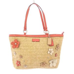 カゴバッグ かごバッグ ハンドバッグ トートバッグ レザー 切替 編み込み ロゴチャーム 花柄 装飾 ベージュ