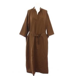 24AW ウールポリbigワンピース ミモレ ロング 七分袖 スキッパー 無地 ベルト F 茶 ブラウン