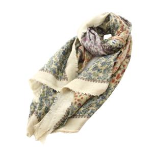 ストール マフラー フリンジ 花柄 絹 シルク アイボリー 青 ブルー 赤 レッド /YT