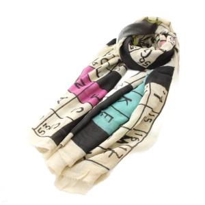 ストール マフラー フリンジ クロスワード柄 総柄 カシミヤ混 ベージュ 黒 ブラック /YT