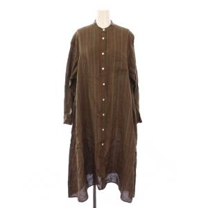 22SS シャツワンピース ロング 長袖 バンドカラー ストライプ リネン 36 茶 22-040-462-1190-2-0