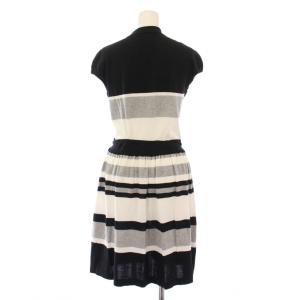 BURBERRY BLUE LABEL フレアワンピース ニット ひざ丈 フレンチスリーブ レギュラーカラー ストレッチ ボーダー柄 ロゴ 刺繍