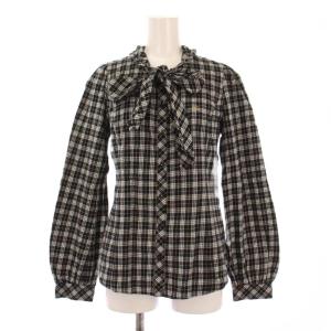 ボウタイシャツ ブラウス 長袖 ロゴ 刺繍 チェック柄 リボン 38 黒 ブラック /BB