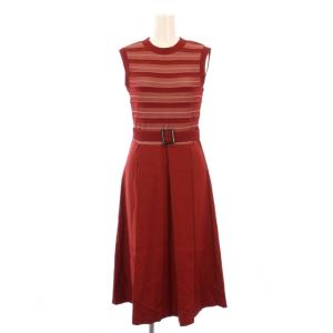 フレアワンピース ミモレ ロング ノースリーブ クルーネック ニット 切替 ボーダー柄 ベルト 36 赤