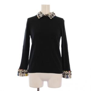 ニット 長袖 レギュラーカラー つけ襟 シルク 薄手 黒 ブラック /BB