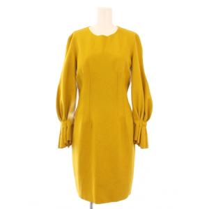 COLLECTION タイトワンピース ひざ丈 長袖 クルーネック ストレッチ 無地 ウール 38 マスタード