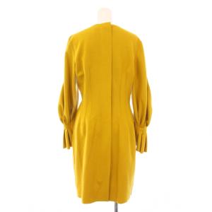 LANVIN COLLECTION タイトワンピース ひざ丈 長袖 クルーネック ストレッチ 無地 ウール 38 マスタード