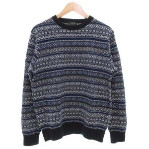 ニット セーター 長袖 プルオーバー 総柄 ノルディック柄 L 紺 ネイビー 黒 ブラック /GV